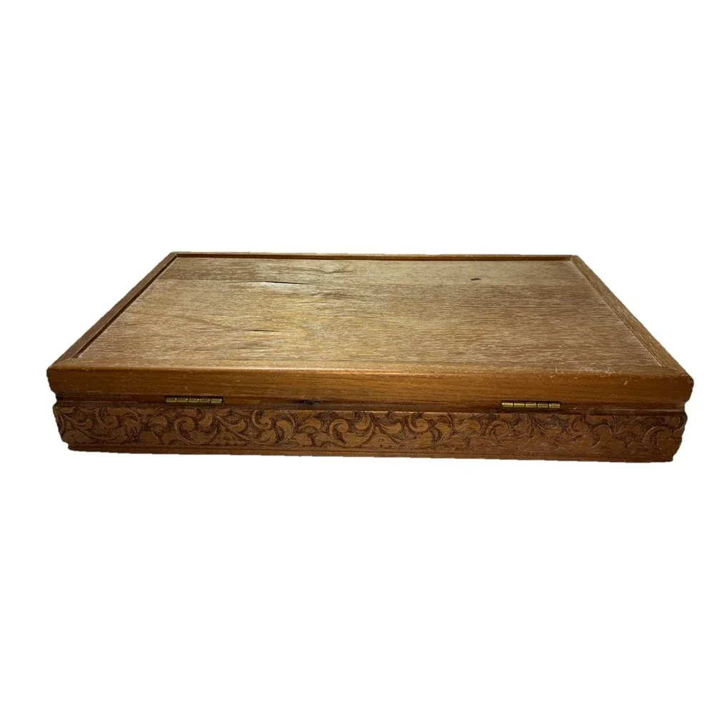 Jewelry Box Geometric Wood Carved Side Velvet Mustard Lining Vintage MCM *flaws
